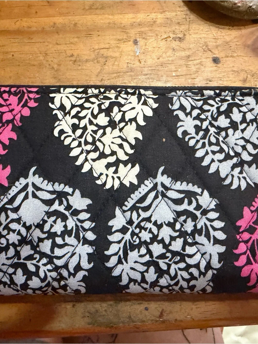 Vera Bradley Black Tote with Pink & Cream Leaf Medallion Print